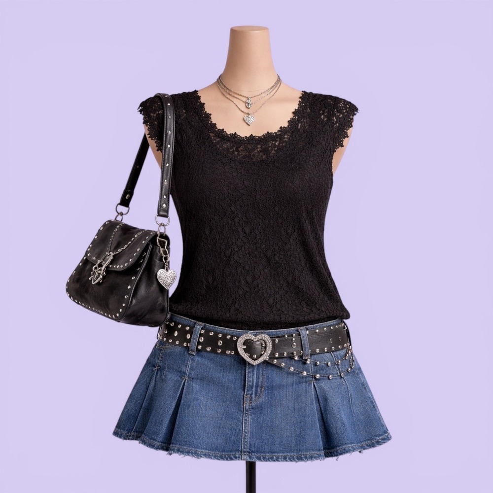 Express Vintage Y2K Black Floral Lace Sleeveless Top Scalloped Trim Size M Goth